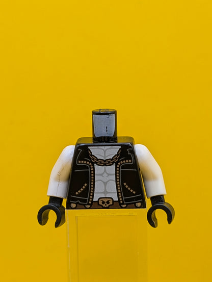 973pb2994c01 Torso Biker Vest, White Chest with Muscles Outline, Silver Chain, Belt with Skull Buckle, 'THE MAIN MAN' on Back Pattern / White Arms / Black Hands Lego