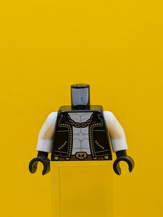 973pb2994c01 Torso Biker Vest, White Chest with Muscles Outline, Silver Chain, Belt with Skull Buckle, 'THE MAIN MAN' on Back Pattern / White Arms / Black Hands Lego