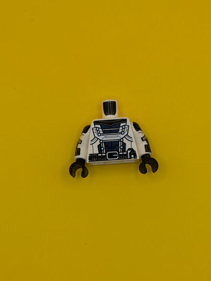 Torso Armor with Dark Blue Center Panel, Silver Trim, Black Collar, and Metallic Light Blue Dots, Utility Belt Pattern / White Arms with Black Cuffs, Dark Blue Armor, Metallic Light Blue Dots, and Silver Trim Pattern / Black Hands 973pb5395c01 Lego