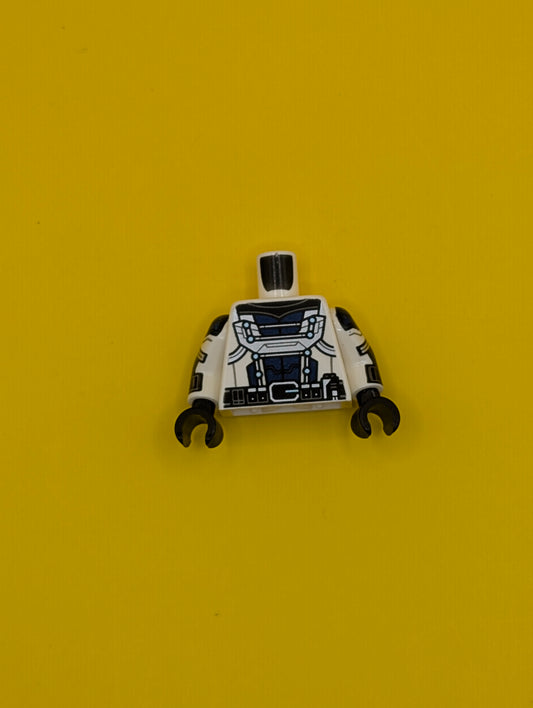 Torso Armor with Dark Blue Center Panel, Silver Trim, Black Collar, and Metallic Light Blue Dots, Utility Belt Pattern / White Arms with Black Cuffs, Dark Blue Armor, Metallic Light Blue Dots, and Silver Trim Pattern / Black Hands 973pb5395c01 Lego