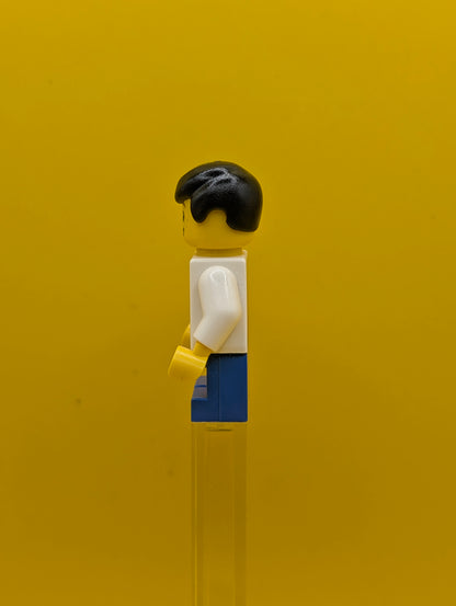 Overalls twn151 Blue over V-Neck Shirt, Blue Short Legs, Black Male Hair City Lego Minifigure