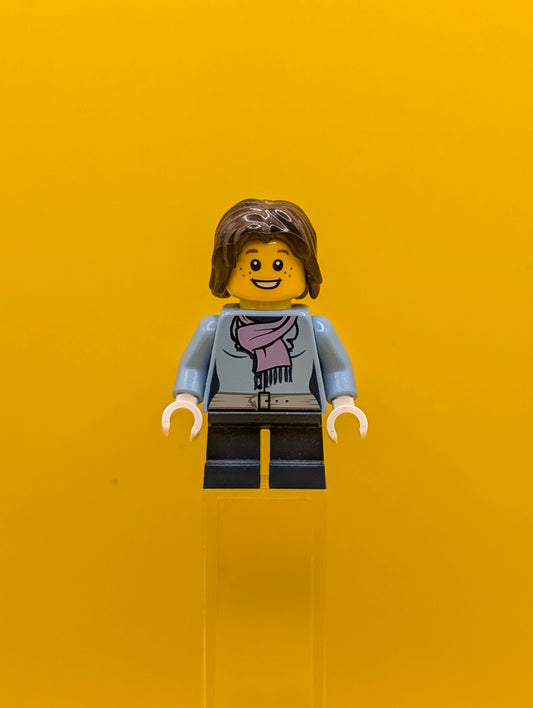 Medium Blue Jacket cty0331 with Light Purple Scarf, Dark Blue Short Legs, Dark Brown Mid-Length Tousled Hair City Lego Minifigure