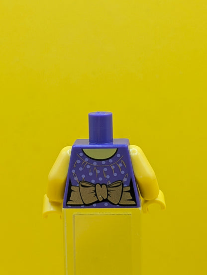 973pb1069c01 Torso Female Blouse with Lavender Dots and White Flowers Collar, Gold Sash with Flower and Bow, Yellow Neck Pattern / Yellow Arms / Yellow Hands Lego