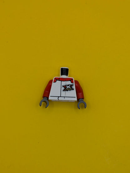 973pb3759c01 Torso Racing Suit with Red Collar and Stylized 'XTREME' Logo Pattern / Red Arms / Dark Bluish Gray Hands Lego Part
