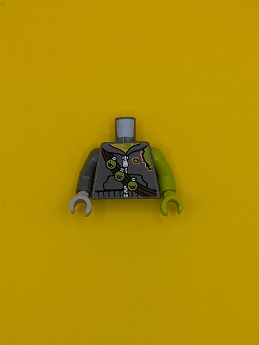 Torso Hoodie with Zipper, Torn Shoulder, Bandolier with 3 Toxic Bulbs Pattern / Lime Arm and Hand Left / Dark Bluish Gray Arm Right  / Light Bluish Gray Hand Right 973pb2013c01 Lego