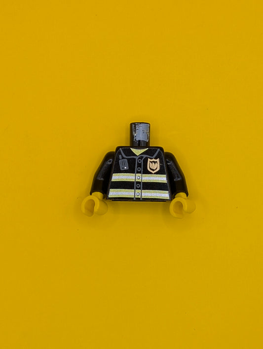 Torso Fire Uniform Gold Badge, Silver Reflective Stripes, Dark Bluish Gray Radio Pattern / Black Arms / Yellow Hands 973pb0300c01 Lego