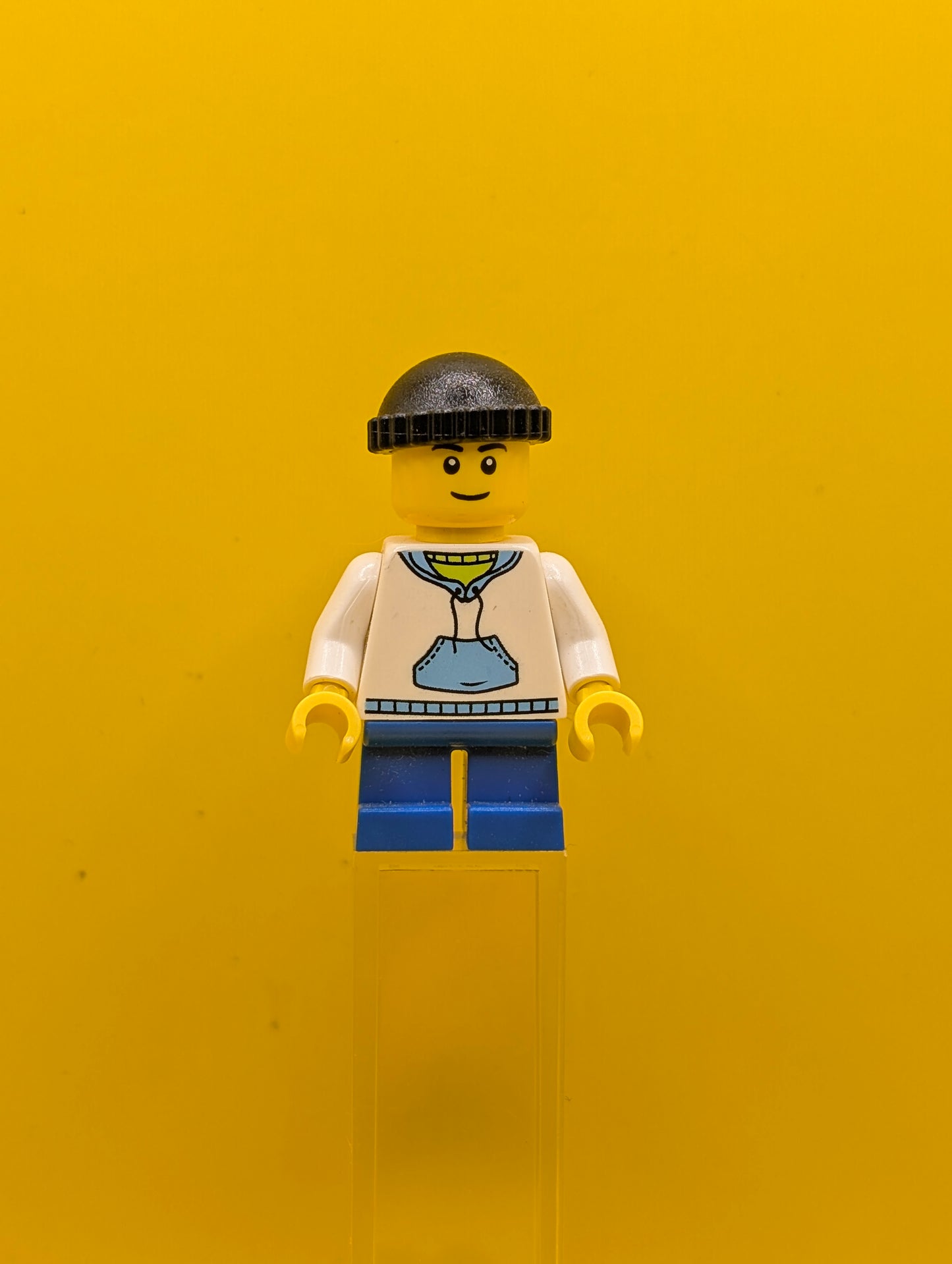 Child cty0438 Boy, White Hoodie with Medium Blue Pocket, Blue Short Legs, Black Knit Cap City Lego Minifigure