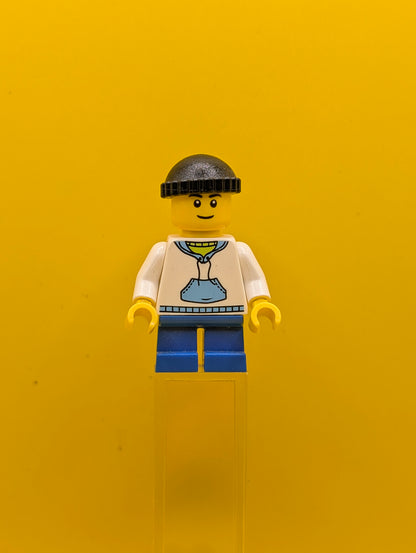 Child cty0438 Boy, White Hoodie with Medium Blue Pocket, Blue Short Legs, Black Knit Cap City Lego Minifigure