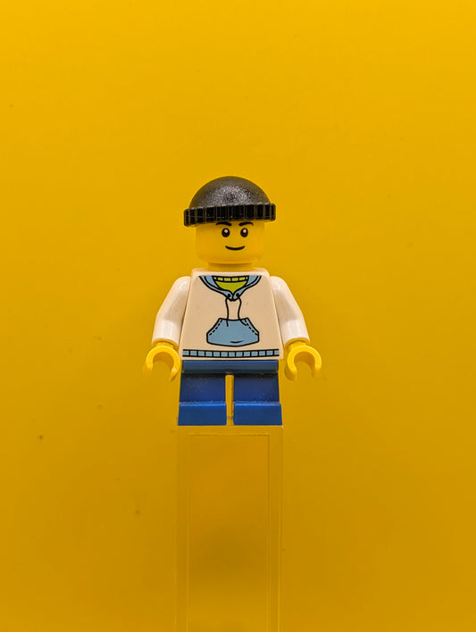 Child cty0438 Boy, White Hoodie with Medium Blue Pocket, Blue Short Legs, Black Knit Cap City Lego Minifigure