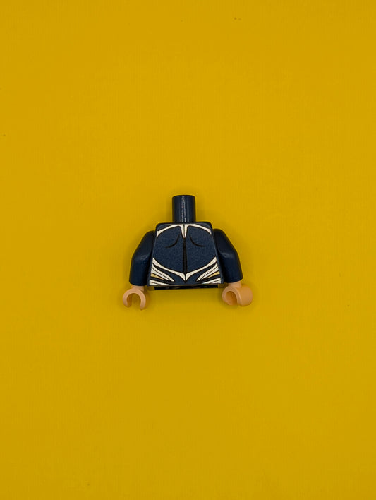 Torso Super Hero Costume with Black Muscles Outline, Red and Gold Superman 'S' Logo, Silver Trim, Oval Clasp Pattern / Dark Blue Arms / Light Nougat Hands 973pb1418c01 Lego