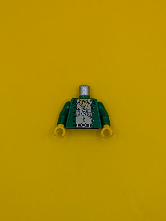 Torso Jacket Open over Tan Shirt with Buttons and Pockets, Black Belt with Silver Buckle, Necklace, Pen, Compass, Yellow Neck Pattern / Green Arms / Yellow Hands 973pa8c01