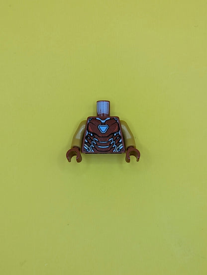 973pb3503c01 Torso Armor with Thin Red Markings, Bright Light Blue Triangular Arc Reactor, Silver and Gold Trim Pattern / Pearl Gold Arms / Dark Red Hands Lego Part