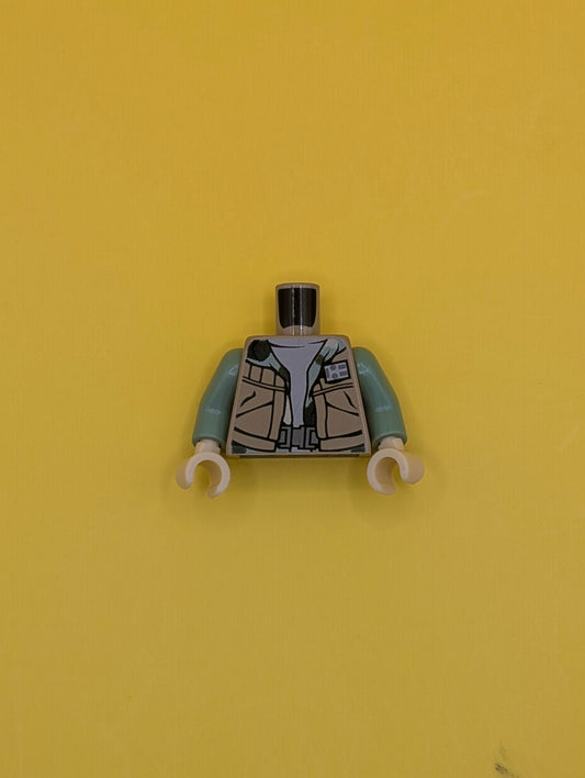 Torso SW Vest Open over Camouflage Hoodie and Light Bluish Gray Shirt, Dark Bluish Gray Belt Buckle Pattern / Sand Green Arms / Tan Hands 973pb1050c01 Lego