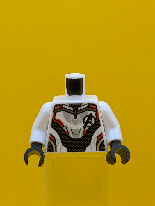 973pb3482c01 Torso Armor with Black Avengers Logo and Panel with Silver Dots, Red and Light Bluish Gray Trim Pattern / White Arms / Black Hands Lego