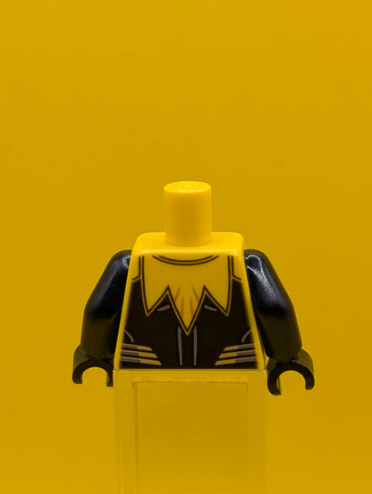973pb3350c01 Torso Super Hero Yellow Lantern Logo on Black Circle, Muscle Contours, Black Scalloped Panels, Silver Stripes Pattern / Black Arms / Black Hands Lego