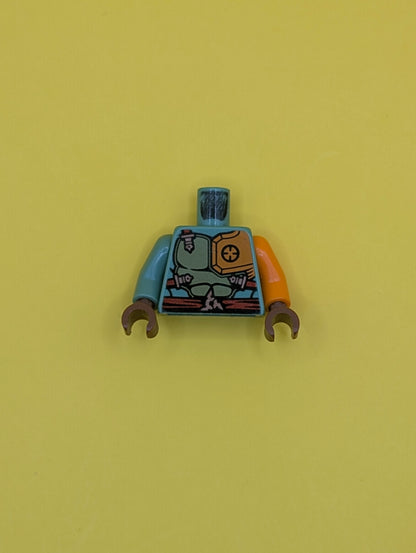 Torso Ninjago Olive Green and Orange Body Armor with Dark Red Straps and Belt Pattern / Orange Arm Left / Sand Green Arm Right / Reddish Brown Hands 973pb2136c01 Lego