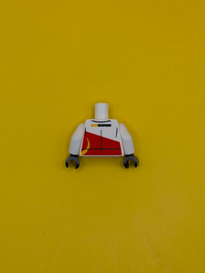 Torso Racing Jacket with Red Panel and 'AIRBORNE' on Front and Back Pattern / White Arms / Dark Bluish Gray Hands 973pb2329c01 Lego