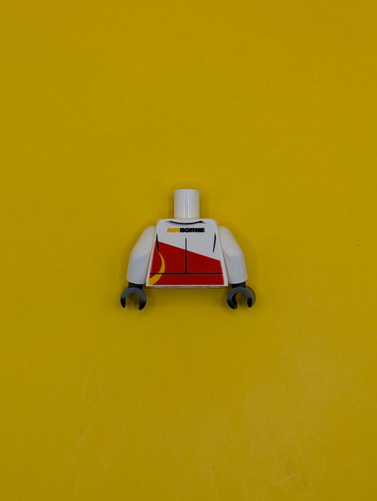 Torso Racing Jacket with Red Panel and 'AIRBORNE' on Front and Back Pattern / White Arms / Dark Bluish Gray Hands 973pb2329c01 Lego
