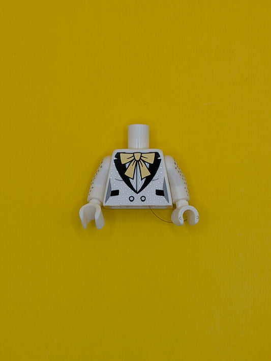Torso Female Tuxedo Jacket, Large Gold Bow, Black Lapels and Pockets, Silver Speckles Pattern / White Arms with Silver Speckles Pattern / White Hands 973pb2937c01 Lego