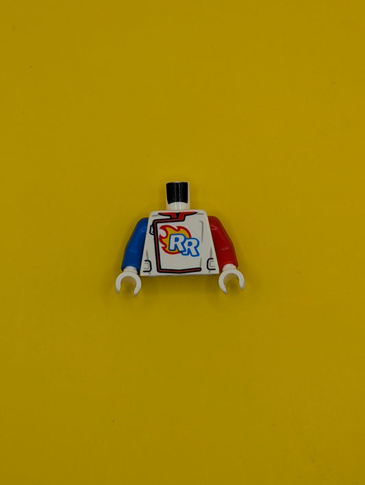 Torso Racing Suit, Zipper, 'RR' Logo, Flames Pattern / Red Arm Left / Blue Arm Right / White Hands 973pb4472c01 Lego