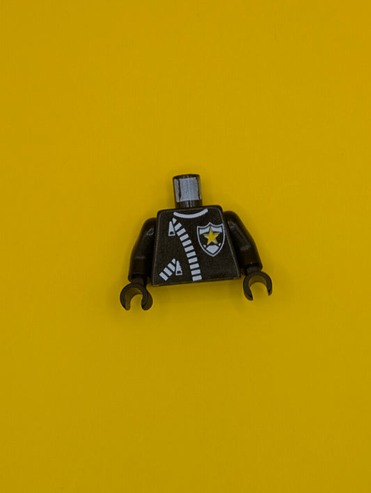 Torso Police Leather Jacket with Thick White Zippers and Badge with Yellow Star Pattern / Black Arms / Black Hands 973px9c01 Lego