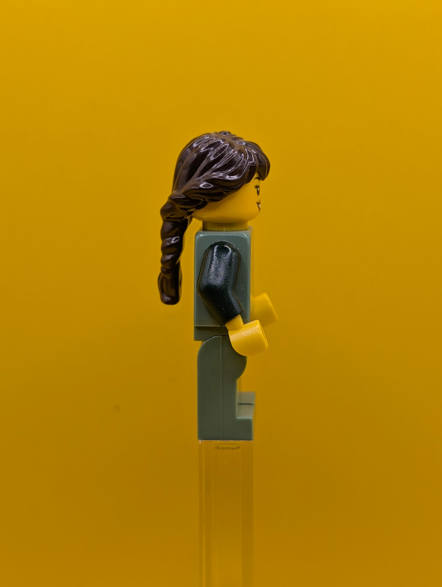 Sand Green Female cty0444 Corset with Gold Trimmed Front, Sand Green Legs, Dark Brown Hair Ponytail Long French Braided City Lego Minifigure