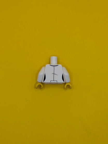 Torso Female Lab Coat Open with Pockets and ID Badge over Light Bluish Gray Button Up Shirt, Yellow Neck Pattern / White Arms / Yellow Hands 973pb2505c01 Lego