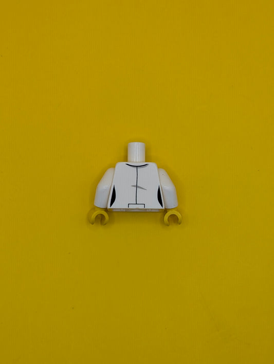 Torso Female Lab Coat Open with Pockets and ID Badge over Light Bluish Gray Button Up Shirt, Yellow Neck Pattern / White Arms / Yellow Hands 973pb2505c01 Lego