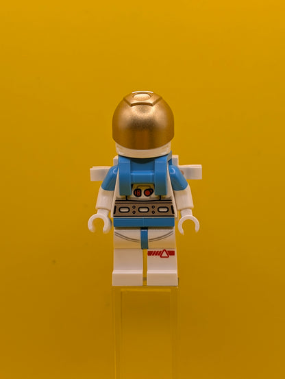 Lunar Research Astronaut cty1409 Female, White and Dark Azure Suit, White Helmet, Metallic Gold Visor, Backpack Clips, Open Mouth Smile City Lego Minifigure