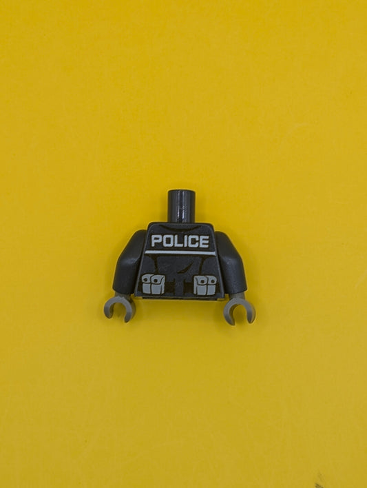Torso Police Jacket with White Undershirt, Zippers, Gold Badge and Buckle with 'POLICE' Pattern on Back / Dark Blue Arms / Dark Bluish Gray Hands 973pb1547c01 Lego