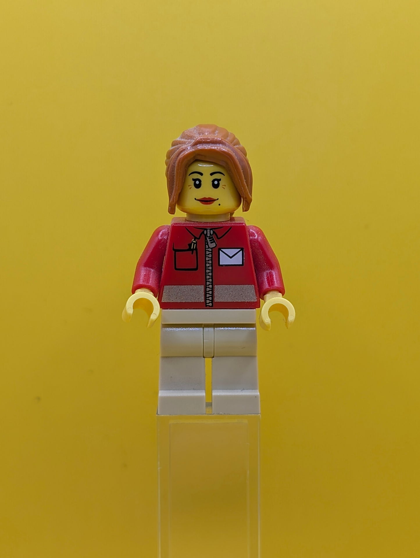 Post Office twn146 White Envelope and Stripe, Tan Legs, Dark Orange Ponytail Long with Side Bangs City Lego Minifigure