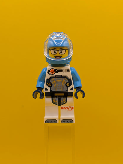 Astronaut cty1693 Female, White Spacesuit with Dark Azure Arms, Dark Azure Helmet, Trans-Clear Visor, Dark Azure Jet Pack, Glasses City Lego Minifigure