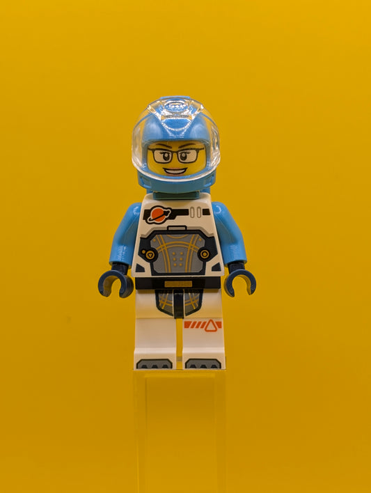 Astronaut cty1693 Female, White Spacesuit with Dark Azure Arms, Dark Azure Helmet, Trans-Clear Visor, Dark Azure Jet Pack, Glasses City Lego Minifigure