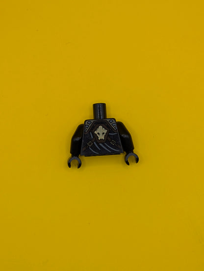 Torso Wrap with Dark Tan and Dark Bluish Gray Shoulder Armor, Dark Brown Straps with Gold Buckles, Ninjago Earth Gorilla Head Symbol on Back Pattern / Black Arms / Black Hands 973pb1035c01 Lego