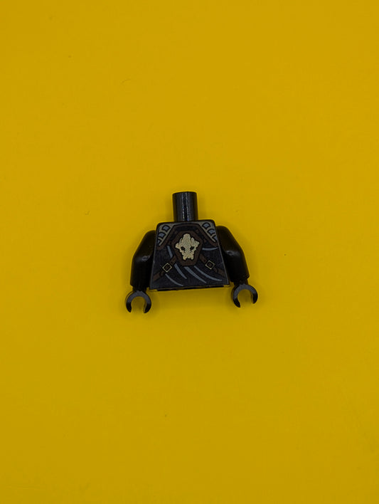 Torso Wrap with Dark Tan and Dark Bluish Gray Shoulder Armor, Dark Brown Straps with Gold Buckles, Ninjago Earth Gorilla Head Symbol on Back Pattern / Black Arms / Black Hands 973pb1035c01 Lego