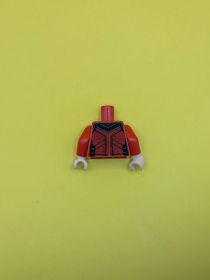 973pb4256c01 Torso Tang, Ornate with Black Ribbing, Dark Red Trim Pattern / Red Arms / Light Nougat Hands Lego Part