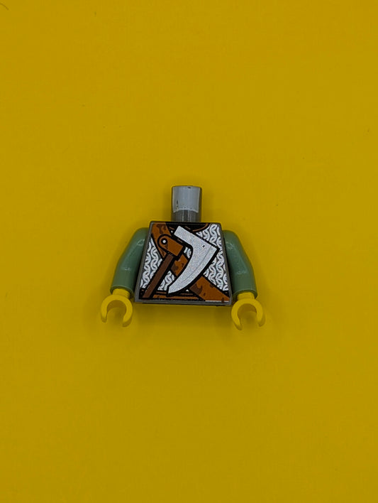 Torso Viking Chain Mail, Dark Orange Belt and Shoulder Strap, Silver Axe with Reddish Brown Handle Pattern / Sand Green Arms / Yellow Hands 973pb0376c01 Lego
