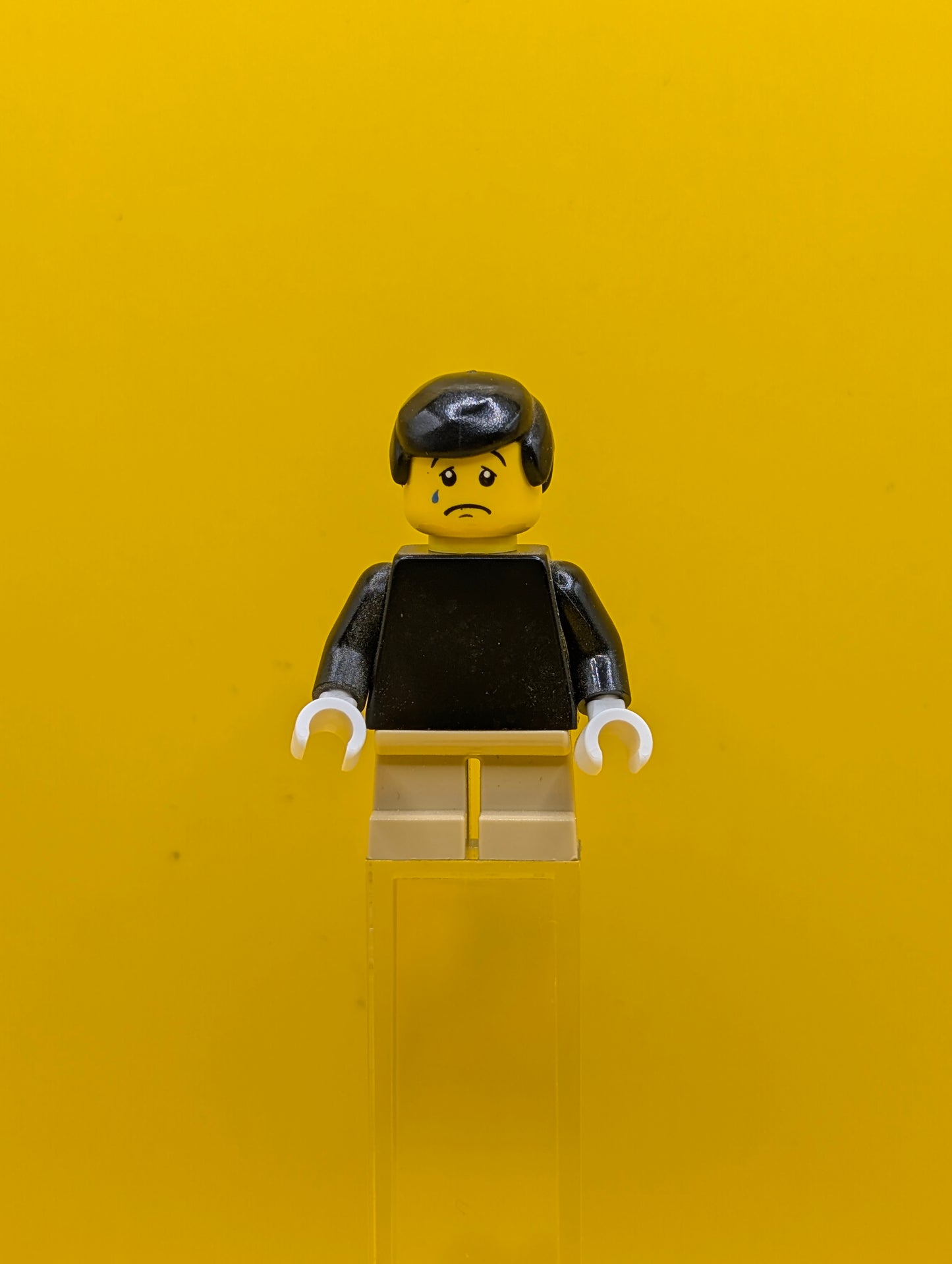 Plain Black Torso twn122 with Black Arms, Tan Short Legs, Black Male Hair City Lego Minifigure