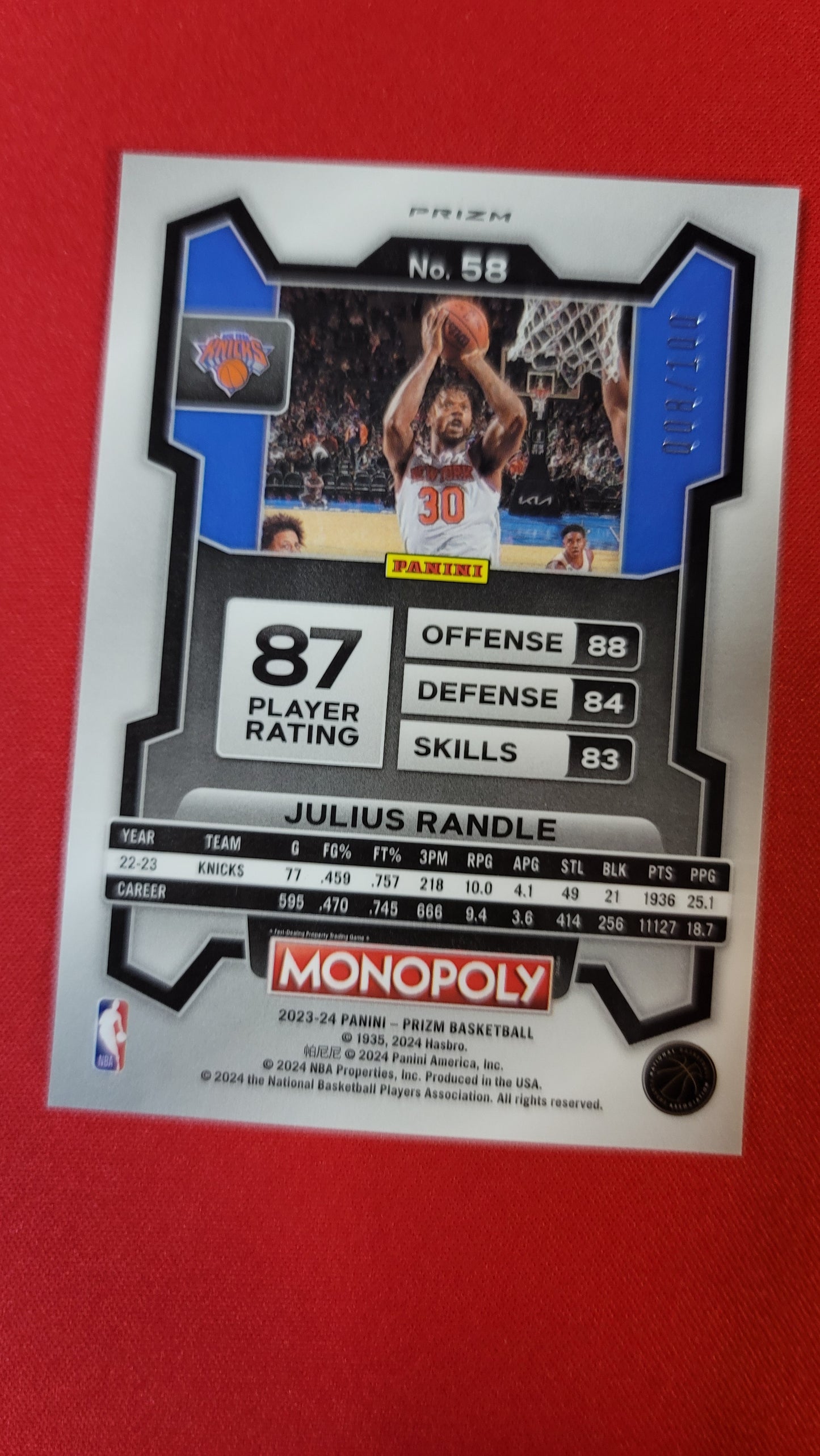 Julius Randle Monopoly 58 8/100 Knicks 2024 Panini Prizm Basketball