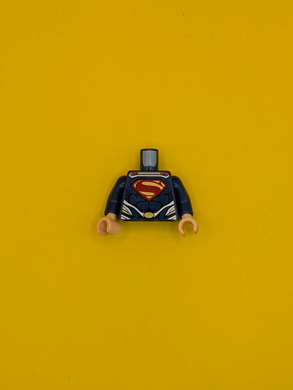 Torso Super Hero Costume with Black Muscles Outline, Red and Gold Superman 'S' Logo, Silver Trim, Oval Clasp Pattern / Dark Blue Arms / Light Nougat Hands 973pb1418c01 Lego