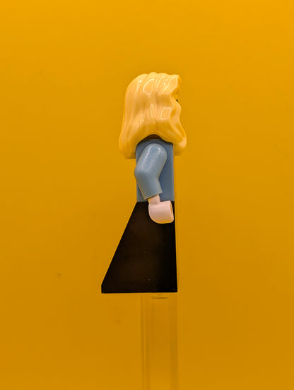 Medium Blue Jacket twn147 with Light Purple Scarf Black Skirt, Bright Light Yellow Female Hair over Shoulder City Lego Minifigure
