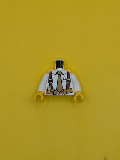 Torso Shirt with Tan Tie, Red Suspenders, Brown Belt with Pocket with Ruler Pattern / White Arms / Yellow Hands 973pb1250c01 Lego