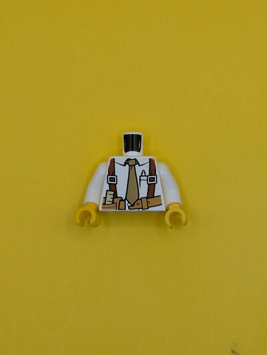 Torso Shirt with Tan Tie, Red Suspenders, Brown Belt with Pocket with Ruler Pattern / White Arms / Yellow Hands 973pb1250c01 Lego