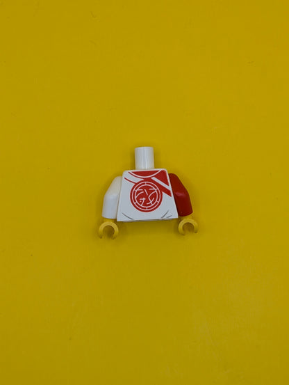 973pb5051c01 Torso Robe with Red Trim, Lines, and Ninjago Logogram 'DOJO' over Tan Shirt, Core Logo on Back Pattern / White Arm Left / Red Arm Right / Yellow Hands Lego Part