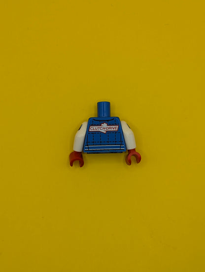 973pb3068c01 Torso Racing Jacket with 'RR' and 'CLUTCH DRIVE' Logos Pattern / White Arms with Red Stripe and 'GRAND BRIX' Pattern / Red Hands Lego Part