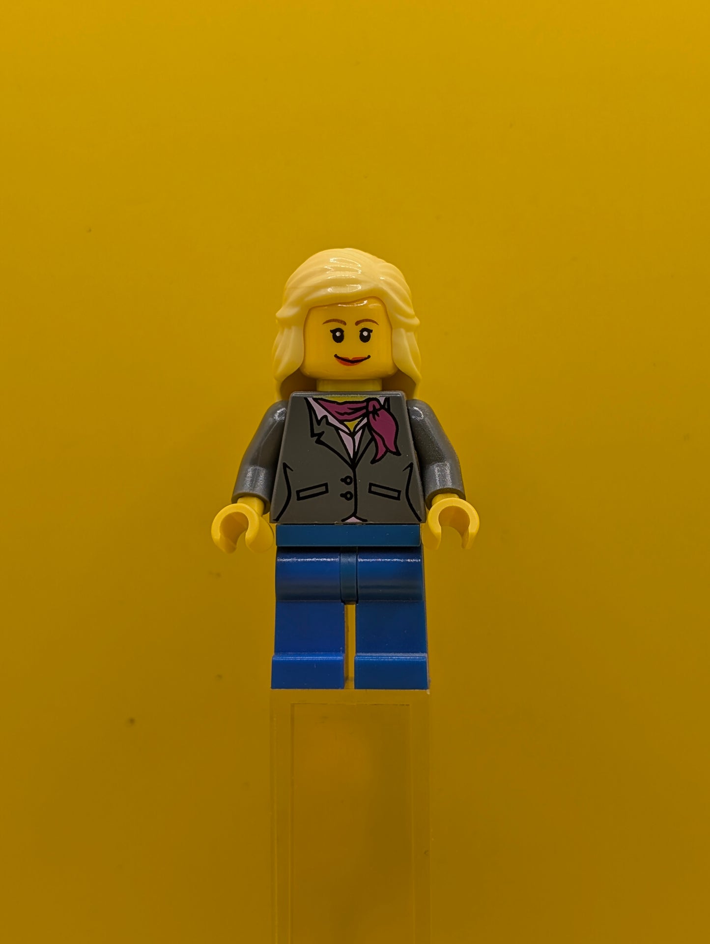 Dark Bluish Gray Jacket twn119 with Magenta Scarf, Blue Legs, Bright Light Yellow Female Hair Mid-Length City Lego Minifigure