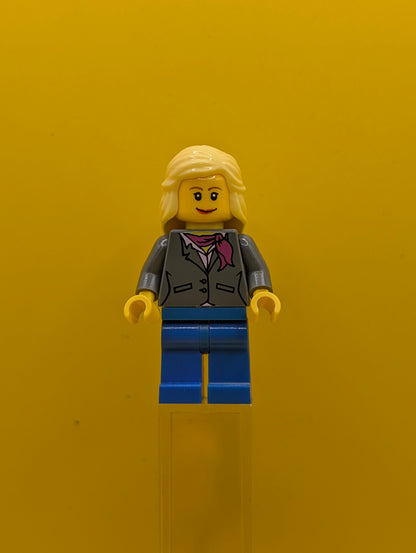 Dark Bluish Gray Jacket twn119 with Magenta Scarf, Blue Legs, Bright Light Yellow Female Hair Mid-Length City Lego Minifigure