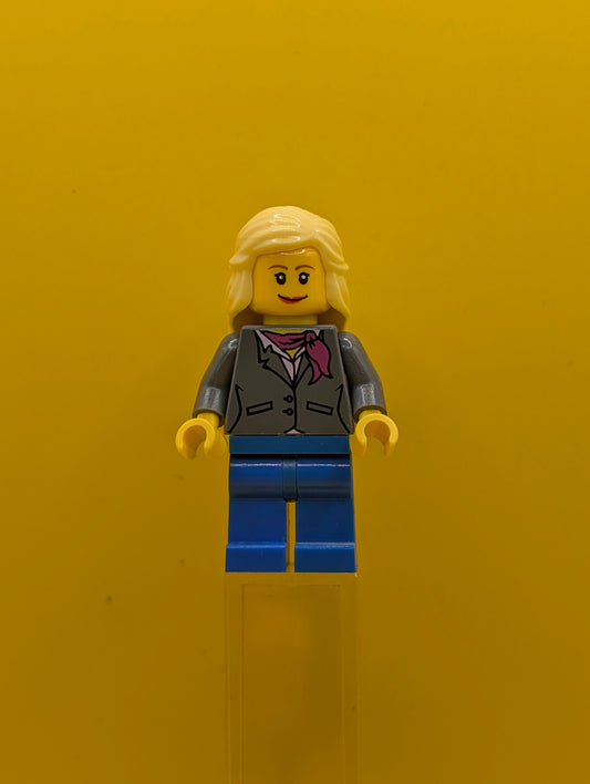 Dark Bluish Gray Jacket twn119 with Magenta Scarf, Blue Legs, Bright Light Yellow Female Hair Mid-Length City Lego Minifigure