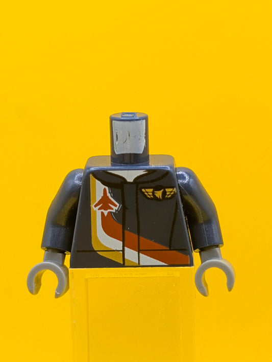 973pb2473c01 Torso Jet Pilot Airplane over Red, White and Gold Stripe Pattern / Dark Blue Arms / Dark Bluish Gray Hands Lego