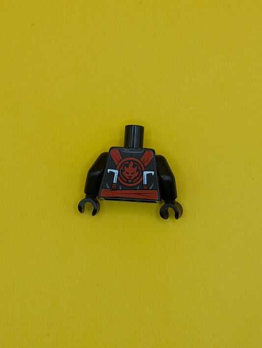 Torso Ninjago Red and Gold Straps and Belt, Round Emblem, Weapons and Dark Red Undershirt Pattern / Black Arms / Black Hands 973pb2077c01 Lego